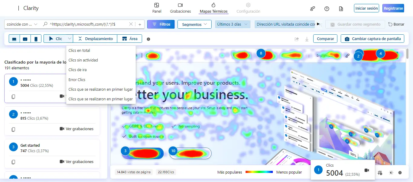 Heatmaps Clics Microsoft Clarity